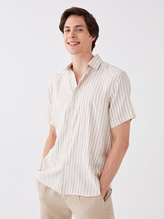 Мужская рубашка из смесового льна в полоску с коротким рукавом стандартного кроя LCW Vision