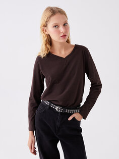 Простая женская блузка с V-образным вырезом и длинными рукавами LCW ECO, темно коричневый