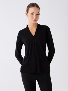 Простая женская блузка с V-образным вырезом и длинными рукавами LCWAIKIKI Classic, новый черный