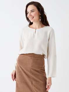 Простая женская блузка с круглым вырезом и длинными рукавами LCW Grace, светло-серый