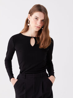 Простая женская блузка с круглым вырезом и длинными рукавами LCWAIKIKI Classic, новый черный