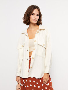 Простая женская габардиновая куртка-рубашка с застежкой спереди и длинными рукавами LCW Casual, экрю меланж