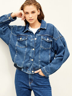 Простая женская джинсовая куртка большого размера с длинным рукавом и воротником-рубашкой LCW Casual