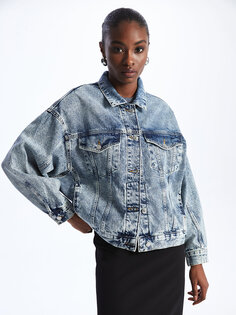 Простая женская джинсовая куртка большого размера с длинным рукавом и воротником-рубашкой LCW Jeans, среднее индиго родео