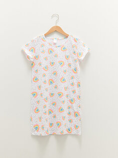 Хлопковая ночная рубашка для девочек с круглым вырезом и короткими рукавами с принтом LCW Kids, оптический белый печатный