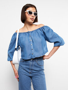 Простая женская джинсовая блузка с вырезом лодочкой и длинными рукавами LCW Jeans