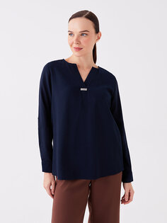 Простая женская блузка со свободным воротником и длинными рукавами LCW Grace, темно-синий