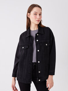Простая женская джинсовая куртка с длинным рукавом с рубашечным воротником LCW Jeans, черное родео