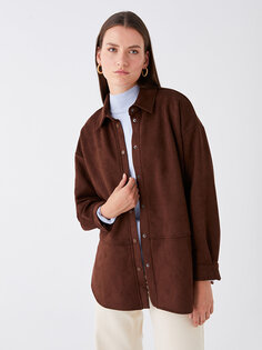 Простая женская замшевая куртка-рубашка оверсайз с длинным рукавом LCWAIKIKI Classic, коричневый
