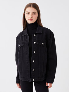 Простая женская джинсовая куртка с длинным рукавом с рубашечным воротником LCW Jeans, черное родео