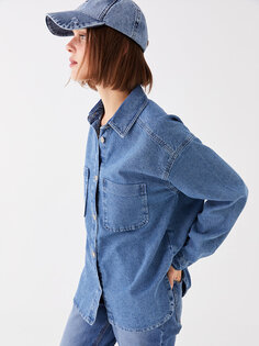 Простая женская джинсовая куртка-рубашка оверсайз с длинными рукавами LCW Jeans, среднее индиго родео