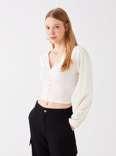 Простая женская рубашка из поплина с V-образным вырезом и длинными рукавами LCW Casual, экрю