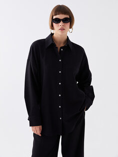 Простая женская рубашка оверсайз из смесового льна с длинными рукавами LCW Casual, черный