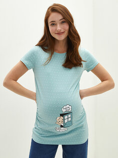 Хлопковая футболка для беременных с круглым вырезом и короткими рукавами LCWAIKIKI Maternity, пастельный зеленый