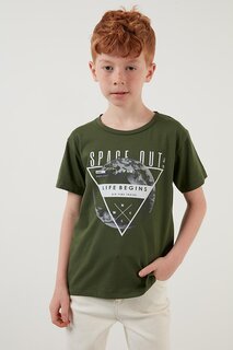 Хлопковая футболка с круглым вырезом с принтом 6211011 Lela, хаки