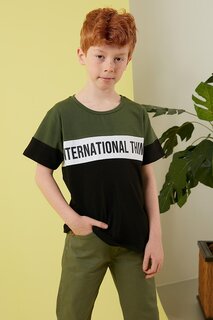 Хлопковая футболка с круглым вырезом с цветными блоками 6211017 Lela, хаки