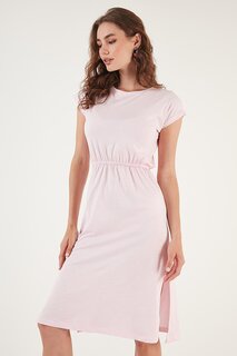 Хлопковое платье миди с короткими рукавами и двойным разрезом 5864205 Lela, светло-розовый