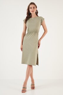 Хлопковое платье миди с короткими рукавами и двойным разрезом 5864205 Lela, оливковое