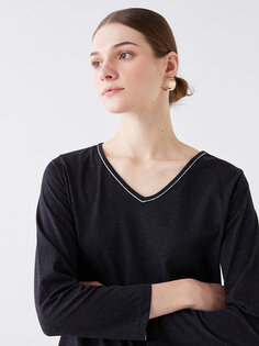 Простая женская футболка с V-образным вырезом и длинными рукавами LCW ECO, антрацит