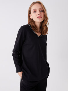 Простая женская футболка с V-образным вырезом и длинными рукавами LCW ECO, новый черный