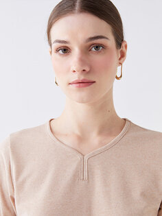 Простая женская футболка с V-образным вырезом и длинными рукавами LCW ECO, экрю меланж