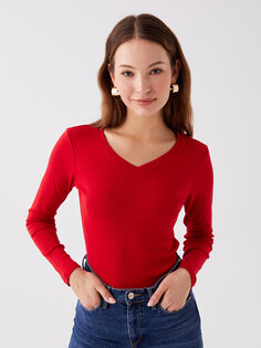 Простая женская футболка с V-образным вырезом и длинными рукавами LCWAIKIKI Basic, красный