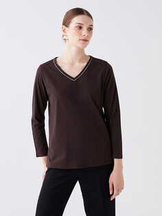 Простая женская футболка с V-образным вырезом и длинными рукавами LCW ECO, темно коричневый