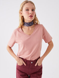 Простая женская футболка с V-образным вырезом и коротким рукавом LCW ECO, матовый розовый