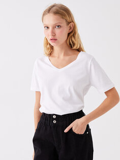Простая женская футболка с V-образным вырезом и коротким рукавом LCW ECO, белый