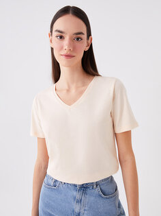 Простая женская футболка с V-образным вырезом и коротким рукавом LCW ECO, бледно-персиковый