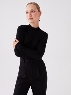Простая женская футболка с высоким воротником и длинными рукавами LCWAIKIKI Classic, новый черный