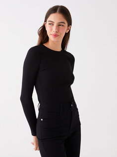 Простая женская футболка с круглым вырезом и длинными рукавами LCW Vision, новый черный