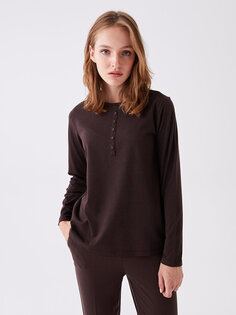 Простая женская футболка с круглым вырезом и длинными рукавами LCW ECO, темно коричневый