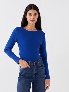 Простая женская футболка с круглым вырезом и длинными рукавами LCWAIKIKI Basic, светло-темно-синий
