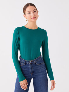 Простая женская футболка с круглым вырезом и длинными рукавами LCWAIKIKI Classic, средне-зеленый