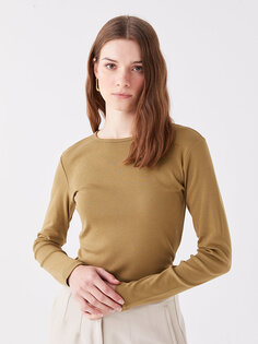 Простая женская футболка с круглым вырезом и длинными рукавами LCWAIKIKI Basic, хаки