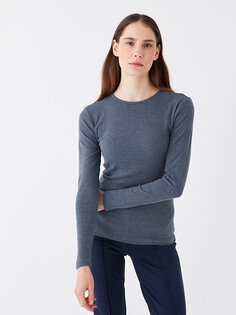 Простая женская футболка с круглым вырезом и длинными рукавами LCWAIKIKI Classic, пастельный синий меланж