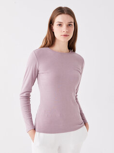 Простая женская футболка с круглым вырезом и длинными рукавами LCWAIKIKI Classic, матовый сиреневый меланж