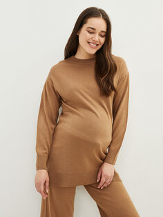 Простая трикотажная туника для беременных с круглым вырезом и длинными рукавами LCWAIKIKI Maternity, светло-коричневый