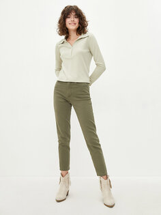 Женские брюки из габардина узкого кроя с прямыми карманами и детальной отделкой LCW Casual, зеленый