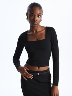 Простая укороченная женская блузка с квадратным вырезом и длинными рукавами LCW Vision, новый черный