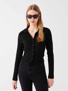 Простая укороченная женская блузка с воротником поло и длинными рукавами LCW Casual, новый черный