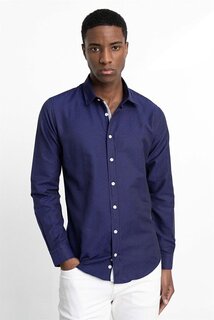 Мужская темно-синяя рубашка Slim Fit с длинными рукавами и текстурой Добби с окантовкой TUDORS