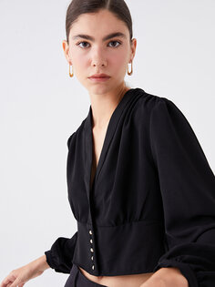 Простая укороченная женская блузка с V-образным вырезом и длинными рукавами LCW Vision, новый черный