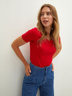 Простая хлопковая женская футболка с V-образным вырезом и короткими рукавами LCWAIKIKI Basic, красный