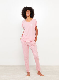 Хлопковый женский пижамный комплект с короткими рукавами и круглым вырезом с принтом LCW DREAM, матовый розовый