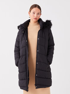 Простое женское пуховое пальто с длинными рукавами и меховым капюшоном LCWAIKIKI Classic, новый черный