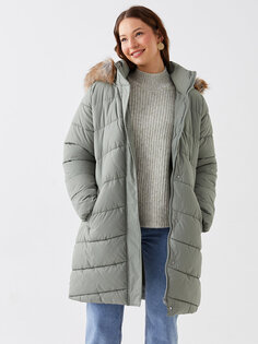 Простое женское пуховое пальто с длинными рукавами и меховым капюшоном LCWAIKIKI Classic, сизый