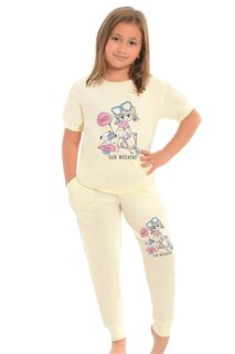 Хлопковый пижамный комплект для девочек с короткими рукавами и принтом и полосками карманов LITTLE FROG KIDS, желтый