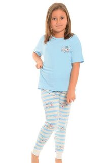 Хлопковый пижамный комплект для девочек с короткими рукавами и узором на ногах LITTLE FROG KIDS, синий